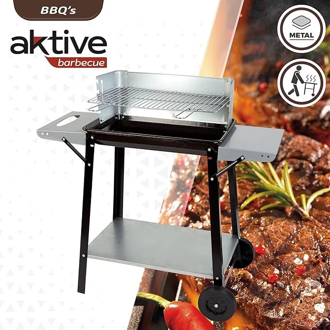 Barbacoa carbón y leña Aktive 52973 - Opiniones, tamaño 90x32x85 cm, control de temperatura, mangos extraíbles, 4 alturas ajustables.