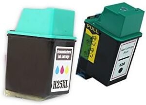 Cartuchos de tinta reciclados para impresora HP OfficeJet 350 en conjunto de colores negro, cian, magenta y amarillo.