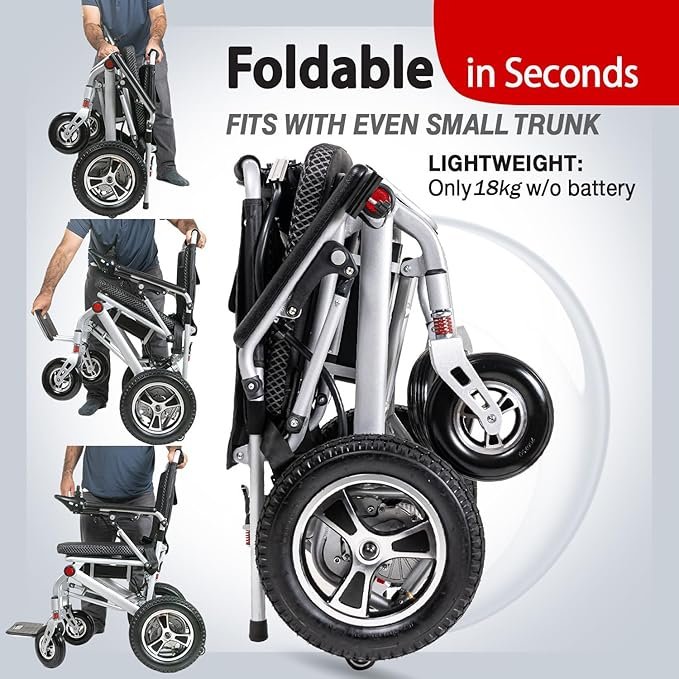 Silla de ruedas eléctrica para adultos, ligera y plegable, con motores duales. Ideal para movilidad y comodidad.
