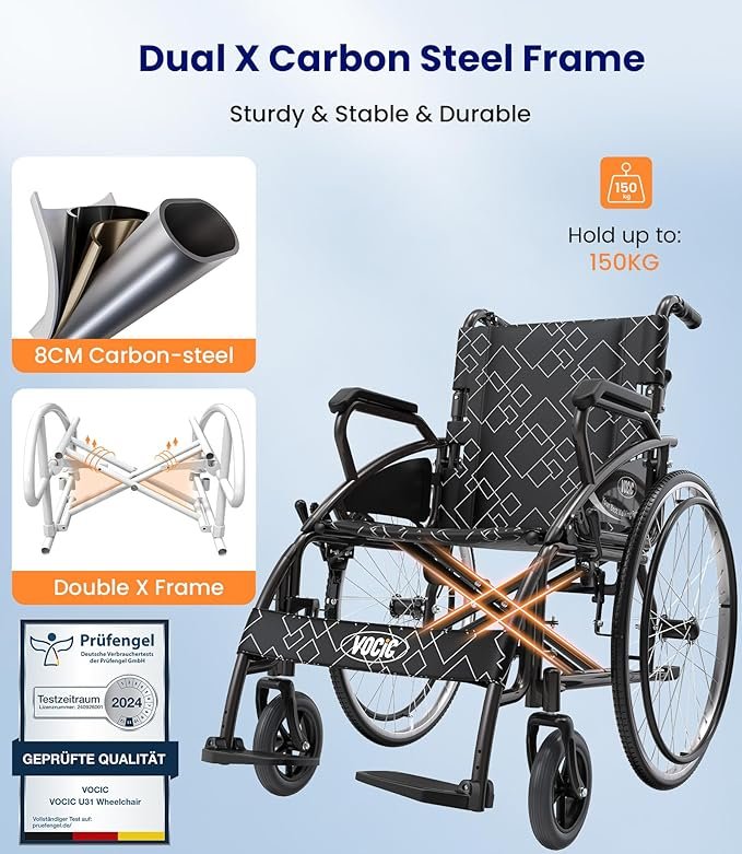 Silla de ruedas plegable ligera VOCIC U31 - Opiniones - 150KG - Sillas de ruedas de aluminio para adultos y ancianos - Estable