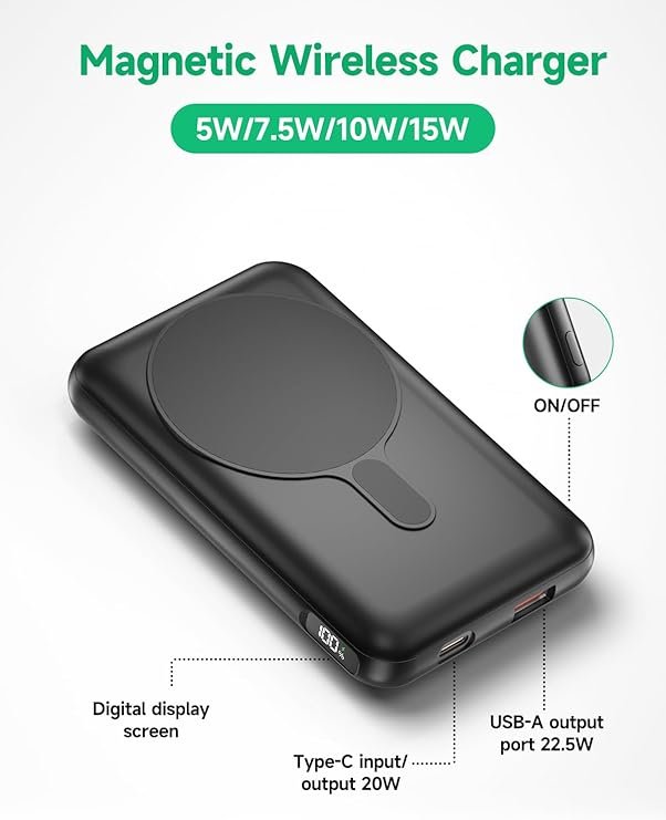 Opiniones Togaga Power Bank Magnético 12000mAh, mag-Safe Bateria Externa Carga Rapida, Cargador Portátil Inalámbrico. ¡Descubre la mejor solución para cargar tus dispositivos de forma rápida y segura con nuestro Power Bank magnético de 12000mAh! Nunca más te quedes sin batería en momentos importantes. ¡Hazte con el tuyo ahora!