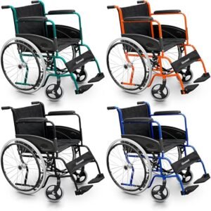 Silla de ruedas plegable de acero con asiento de 46cm, reposapiés abatibles y diseño en Basic Colors. ¡Descubre la comodidad y la versatilidad en un solo producto!