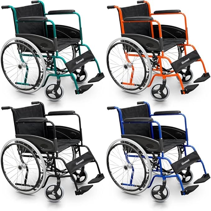 Silla de ruedas plegable de acero con asiento de 46cm, reposapiés abatibles y diseño en Basic Colors. ¡Descubre la comodidad y la versatilidad en un solo producto!