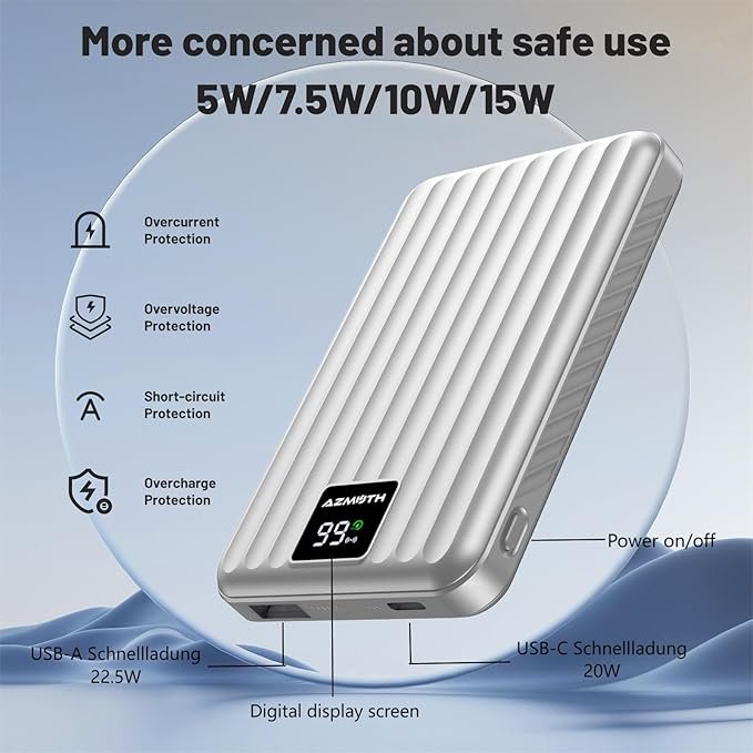 Opiniones Azmuth Power Bank Magnético Bateria Externa 10000 mAh, Inalámbrico PD 22.5W Carga Rapida Portátil Powerbank con Pantalla LED USB-C Cable - Imagen del Producto