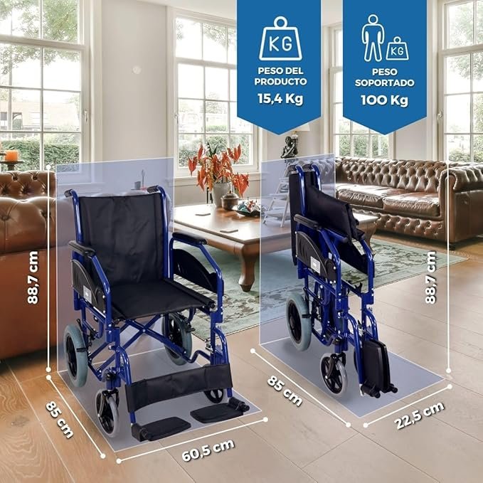 Opiniones Mobiclinic®, Silla de ruedas plegable con frenos de estacionamiento - Maestranza. Asiento de 45 cm, reposapiés extraíbles y reposabrazos abatibles acolchados.