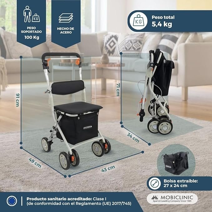 Andador Plegable con Asiento y Carro de Compra Mobiclinic® Coliseo: Respaldo Acolchado, Monomando de Acero y Gran Cesta.