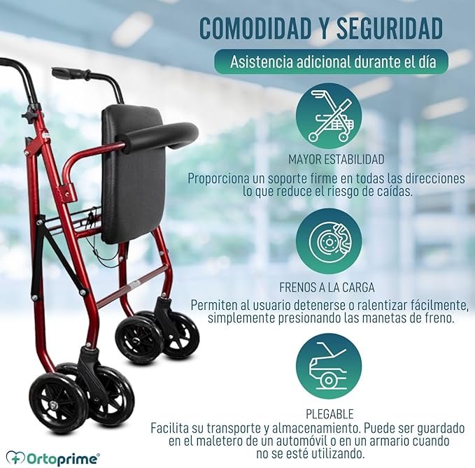Opiniones OrtoPrime Andador para Ancianos ROLLATOR de 4 Ruedas Plegable con Frenos a la Carga - Andador Ortopedia - Andadores adultos FRENO POR PRESIÓN.