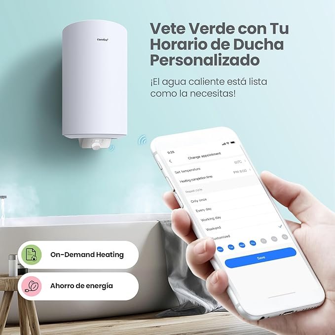 Opiniones COMFEE' D80-15EFG Calentador de agua eléctrico, Wi-Fi, control remoto por smartphone, montaje en pared - Imagen del producto vertical, sin necesidad de taladrar