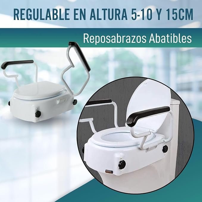 Elevador de WC OrtoPrime inclinable con reposabrazos abatibles - Altura regulable 5, 10 y 15 centímetros. Ideal para personas con movilidad reducida. ¡Compra el tuyo ahora!