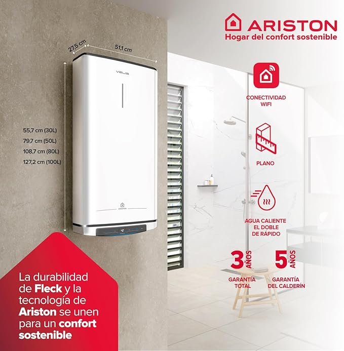 Termo eléctrico Ariston Velis Pro Wifi (ex.DUO 5 Fleck) - 50 litros, bajo consumo y multiposición. Calentador de agua eléctrico plano.