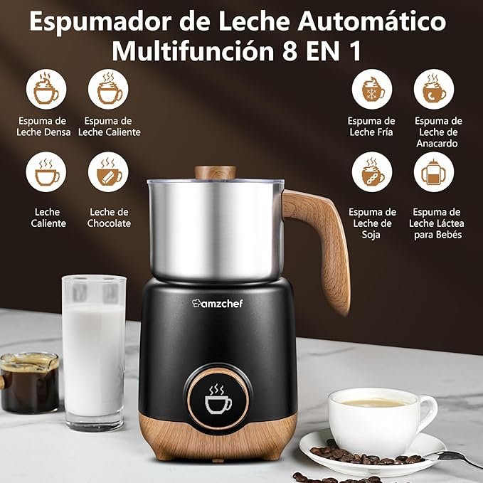 Espumador de leche eléctrico AMZCHEF 8-en-1: disfruta de deliciosa espuma de leche caliente y fría con nuestro potente calentador de leche de 550W. Perfecto para tu cafetería en casa.
