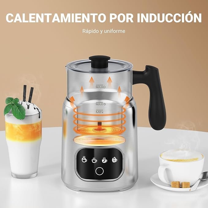 AMZCHEF Espumador de leche eléctrico 4 en 1, 400 ml, con pantalla táctil LED, calentamiento por inducción 3D. ¡Descubre la forma más fácil y rápida de disfrutar de deliciosas espumas de leche en casa con este práctico espumador de leche eléctrico! Con su diseño moderno y funcionalidad avanzada, podrás crear espumas cremosas para tus cafés, capuchinos y más con solo presionar un botón. ¡No esperes más y hazte con el tuyo ahora!