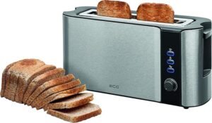 Tostadora ECG ST 10630 SS, diseño elegante en acero inoxidable negro y plata. ¡Compra la tuya hoy y disfruta de un desayuno perfecto!