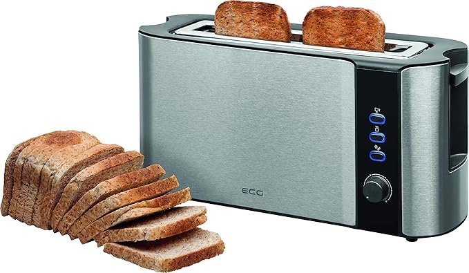 Tostadora ECG ST 10630 SS, diseño elegante en acero inoxidable negro y plata. ¡Compra la tuya hoy y disfruta de un desayuno perfecto!