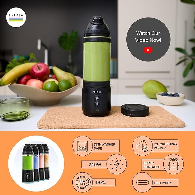 Opiniones Fridja Batidora Portátil 240W – Recargable por USB-C – A Prueba de Fugas y Compacta – Botella sin BPA con 6 Cuchillas Dentadas ¡Descubre la revolucionaria batidora portátil Fridja! Con 240W de potencia, recargable por USB-C, a prueba de fugas y compacta. Su botella sin BPA y sus 6 cuchillas dentadas garantizan la mezcla perfecta en todo momento. ¡No te quedes sin la tuya!