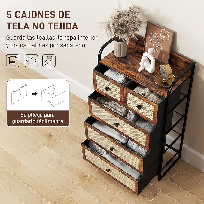 HOMCOM Cómoda para Dormitorio - Cajonera de Tela con 5 Cajones Plegables con Frentes de Ratán