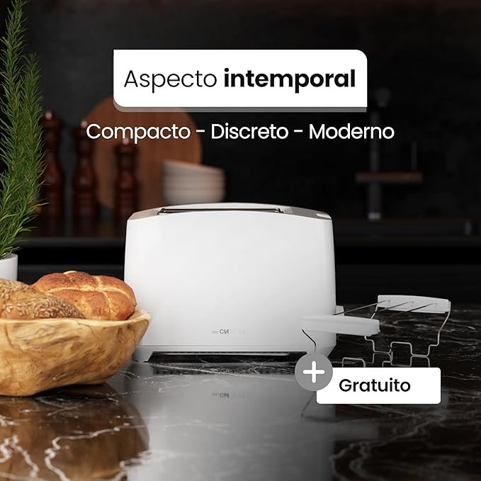 Tostadora compacta Clatronic 2 rebanadas con función descongelar calentar parada rápida.