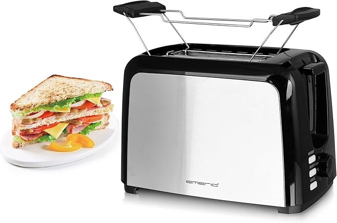 "Tostadora EMERIO con 2 ranuras extra grandes y función de centrado, cajón migas extraíble"