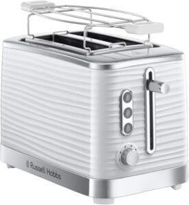 Tostadora Russell Hobbs Inspire Blanco - Opiniones: Descubre la tostadora de 2 ranuras cortas y anchas ideal para 2 rebanadas. ¡Añade estilo a tu cocina con este práctico electrodoméstico!