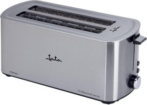 "Compra la Tostadora Jata TT1046 de Boca Ancha Inox - ¡Opiniones y Análisis! Dos ranuras de 255mm x 40mm y 5 posiciones de tostado. ¡Aprovecha esta oferta en tostadoras de calidad en acero inoxidable!"