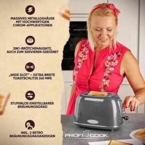 ProfiCook Tostadora retro en un elegante diseño vintage - Tostadora de 2 discos con ranura ancha.