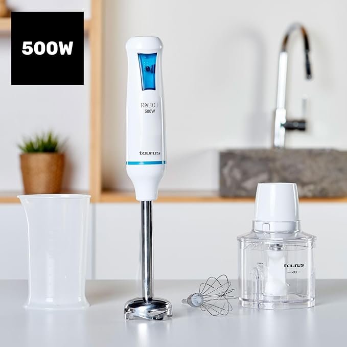 Opiniones Taurus - Batidora de mano Robot 500 Plus Inox: Potente picadora eléctrica de 500W con cuchilla de acero inoxidable. ¡Descubre la mejor calidad en batidoras en nuestra tienda online!