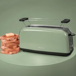 Opiniones del tostador vertical Toastin' Time 850 Green Long de Cecotec. Tostador de 850W con doble ranura larga y ancha de 3,8cm.