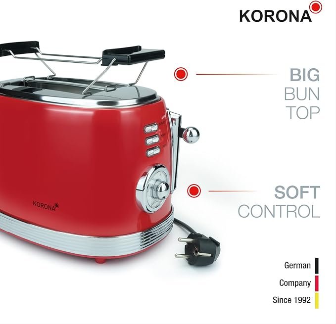 Opiniones Tostadora Korona 21668 diseño retro en rojo con 6 niveles de tostado | Funciones descongelar, asar y calentar | 2 rebanadas | retro