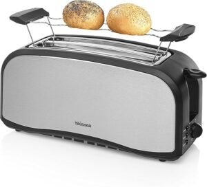 Imagen de la tostadora Tristar BR-1046 con dos ranuras largas, 6 niveles de tostado y bandeja recogemigas, ideal para descongelar tus alimentos con facilidad. ¡Descubre las opiniones de los usuarios sobre este increíble producto!