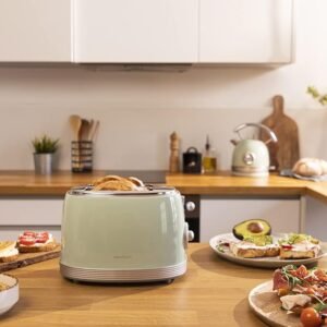 Imagen de la tostadora Cecotec Toast&Taste 800 Vintage Light Green con 850W de potencia y doble ranura corta extra anchas de 3,8 cm. Opiniones y características del producto.