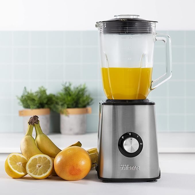 Batidora de vaso TriStar BL4471 1000W con cuerpo de acero inoxidable y vaso de cristal de 1.5L - Opiniones y características en imagen de producto.