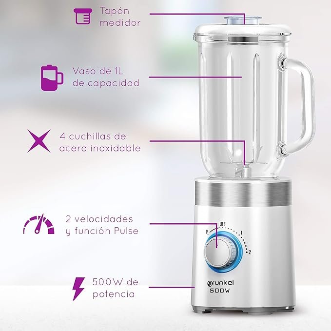 Opiniones Grunkel - Batidora de vaso 1L y 500W pequeña y portátil - BT-PRACTICA 500
