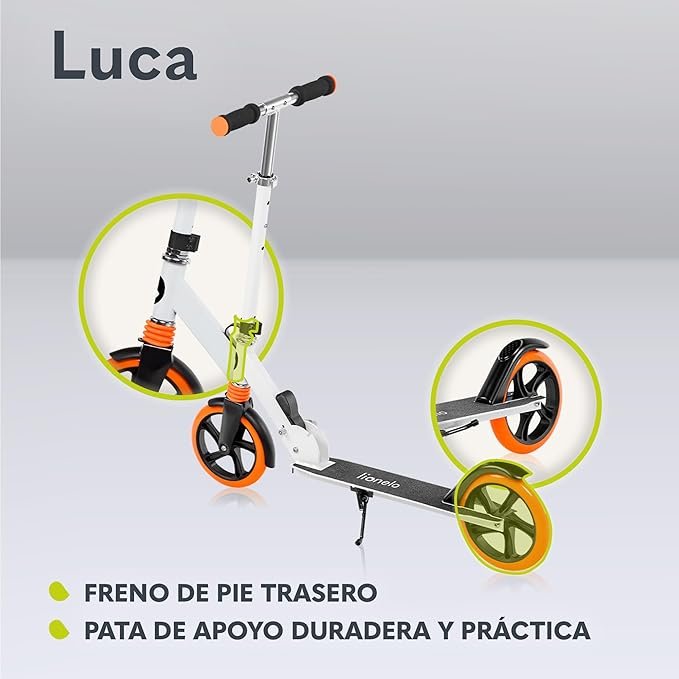 Patinete Lionelo Luca para niños con ruedas grandes de 200mm y amortiguador ShockResist para hasta 100kg. ¡Descubre la mejor opinión sobre este scooter urbano en nuestra tienda online!