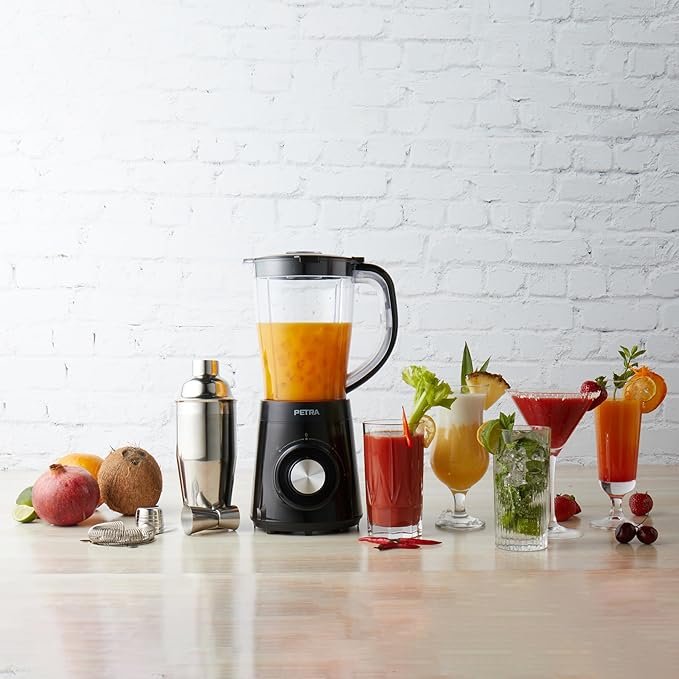 Batidora Petra PT5619VDE para cócteles con jarra, coctelera y accesorios, 2 velocidades, función turbo, cuchillas de acero inoxidable