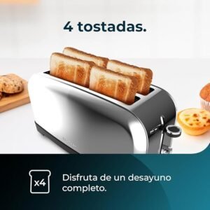 Opiniones Cecotec Tostador Vertical Toastin' Time 1500 Inox, 1500W, Doble ranura larga y ranura ancha 3,8cm, imagen del producto con doble ranura larga y ancha, potencia de 1500W, diseño vertical en acero inoxidable.