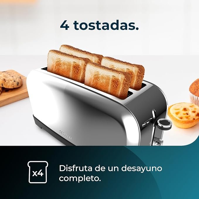 Opiniones Cecotec Tostador Vertical Toastin' Time 1500 Inox, 1500W, Doble ranura larga y ranura ancha 3,8cm, imagen del producto con doble ranura larga y ancha, potencia de 1500W, diseño vertical en acero inoxidable.
