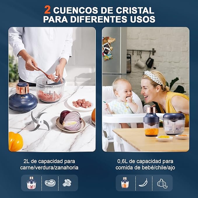 Opiniones Bear 0.6l+2L Picadora de Alimentos - Trituradora de Cocina Eléctrica - Clase de 2 Velocidades - Trituradora de 300w - Compra Ahora