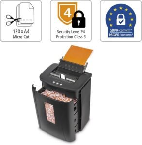 Trituradora de papel Hama Premium AutoM120 con nivel de seguridad E-3, P-4, T-4, capacidad de 25L. ¡Atrévete a destruir tus documentos confidenciales con garantía de calidad!