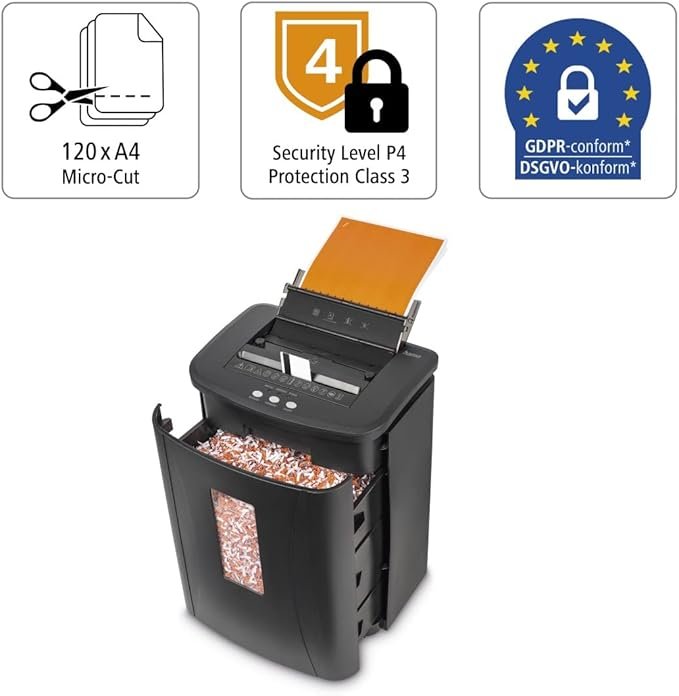 Trituradora de papel Hama Premium AutoM120 con nivel de seguridad E-3, P-4, T-4, capacidad de 25L. ¡Atrévete a destruir tus documentos confidenciales con garantía de calidad!
