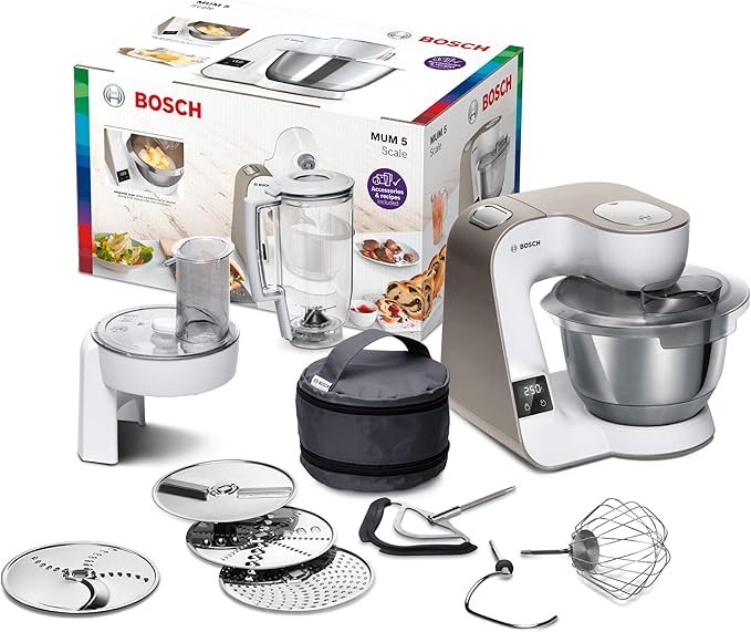 Opiniones Bosch - Robot de cocina con báscula, MUM 5, 1000 W, cuenco de acero inoxidable (3.9 L) - Imagen del producto con tecnología avanzada.