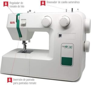 Máquina de Coser ALFA Next 30+ Spring en Color Verde - Opiniones y Características - Tamaño: 30 x 19 x 37 cm