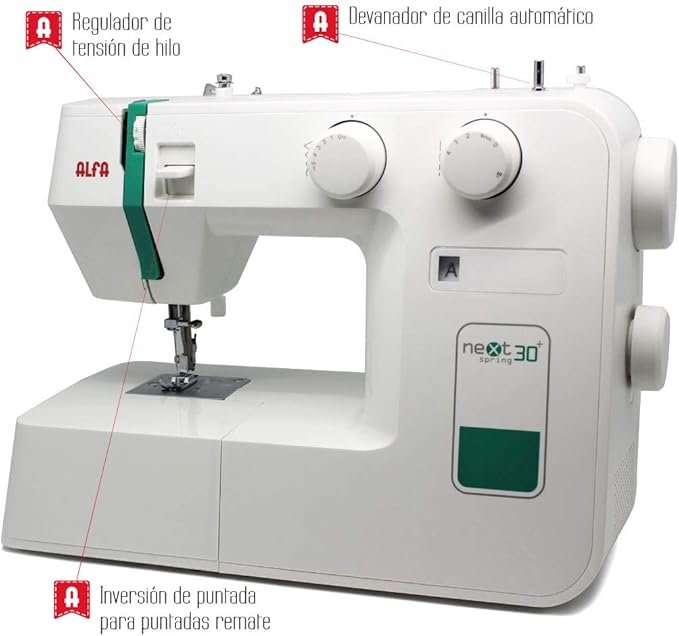 Máquina de Coser ALFA Next 30+ Spring en Color Verde - Opiniones y Características - Tamaño: 30 x 19 x 37 cm